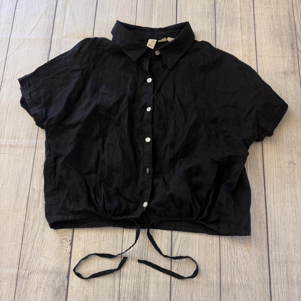 Joie 100% Linen Black Drawstring Hem Button Front‎ Blouse Women's XL Summer